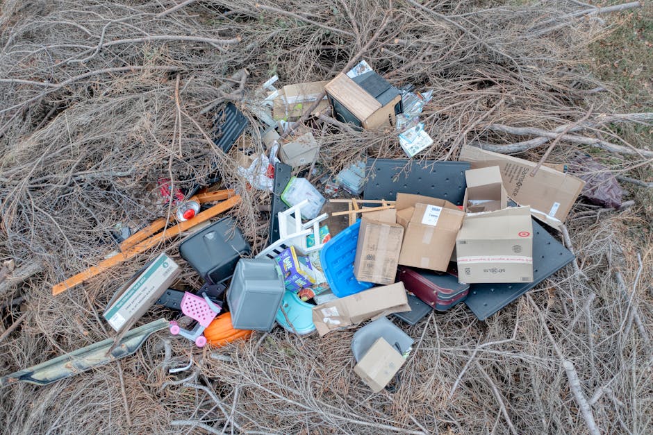 A pile of discarded household rubbish scattered on a patch of dry grass and twigs in an outdoor setting. The collection includes various items such as cardboard boxes, plastic containers, a small wooden crate, a grey storage bin, a black plastic tray, and a pink plastic toy. Some of the cardboard boxes are partially collapsed or torn, exposing their corrugated textures and printed labels. Among the rubbish are a red soda can, a small white plastic chair, and a blue plastic basket. The debris is loosely arranged with items overlapping and intertwined among the dry branches, with natural sunlight illuminating the scene. This image reflects an outdoor context of non-organic waste, possibly resulting from an unauthorised disposal or casual dumping in a green area, illustrating the kind of rubbish removal service that companies like House Clearance Richmond may handle as part of private waste clearance in residential or garden environments.